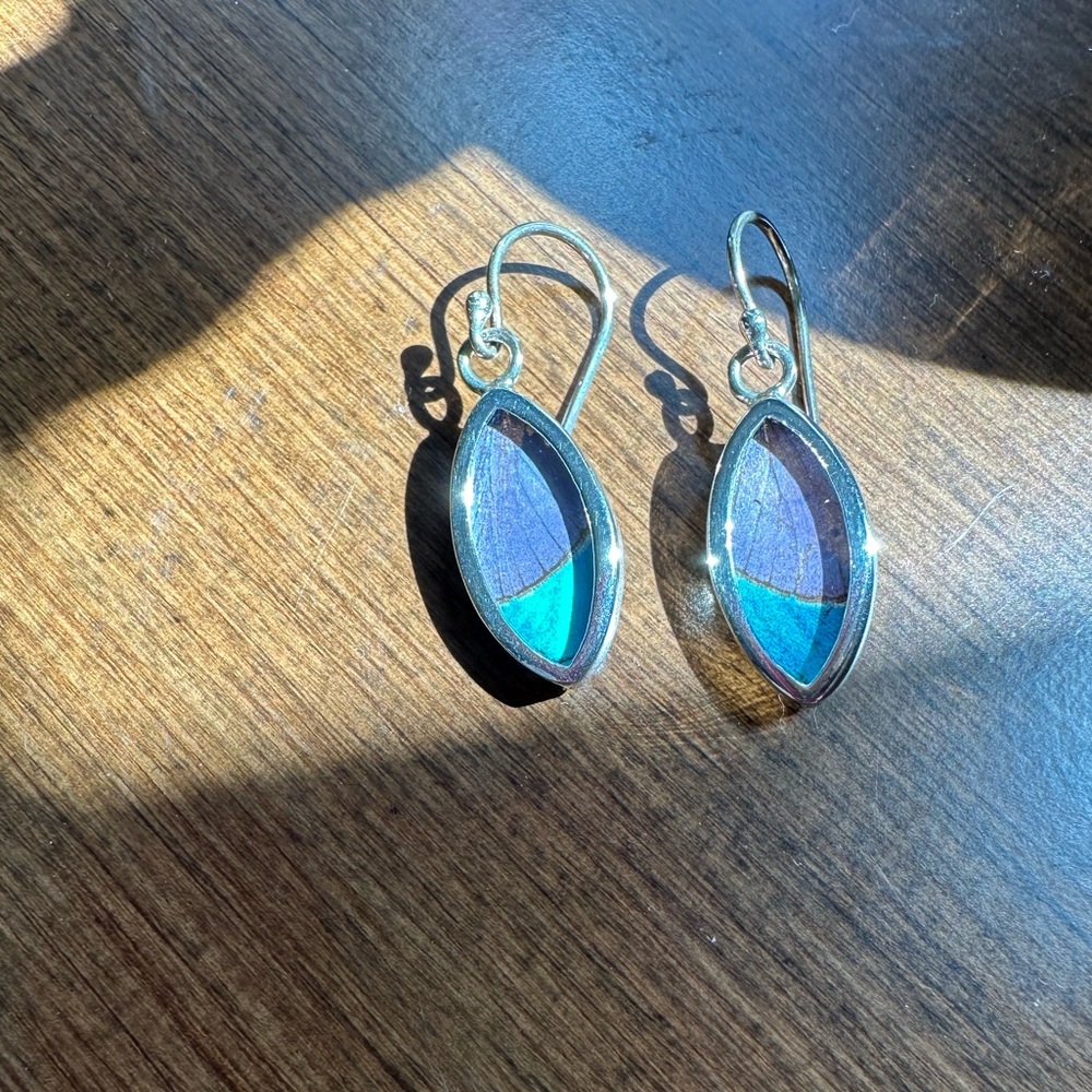 .925 sterling silver real butterfly wing earrings.